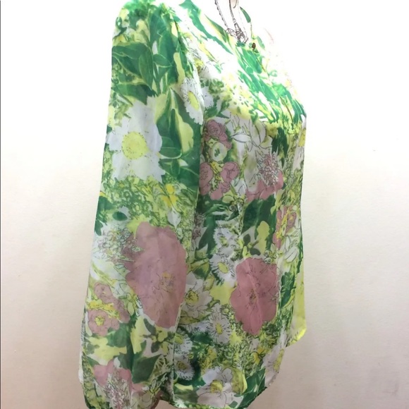 Cynthia Rowley Women Long Sleeve Blouse Chiffon Floral Print Medium Green Pink - Picture 2 of 6
